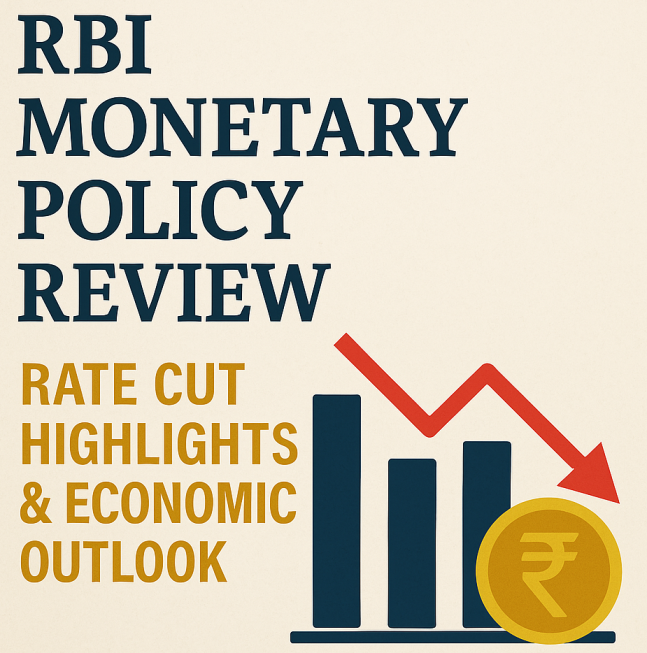 Digital cover image for the RBI Monetary Policy Review – April 2025, featuring a stylized Indian currency symbol, economic growth chart, and central bank visuals, highlighting the repo rate cut and economic outlook